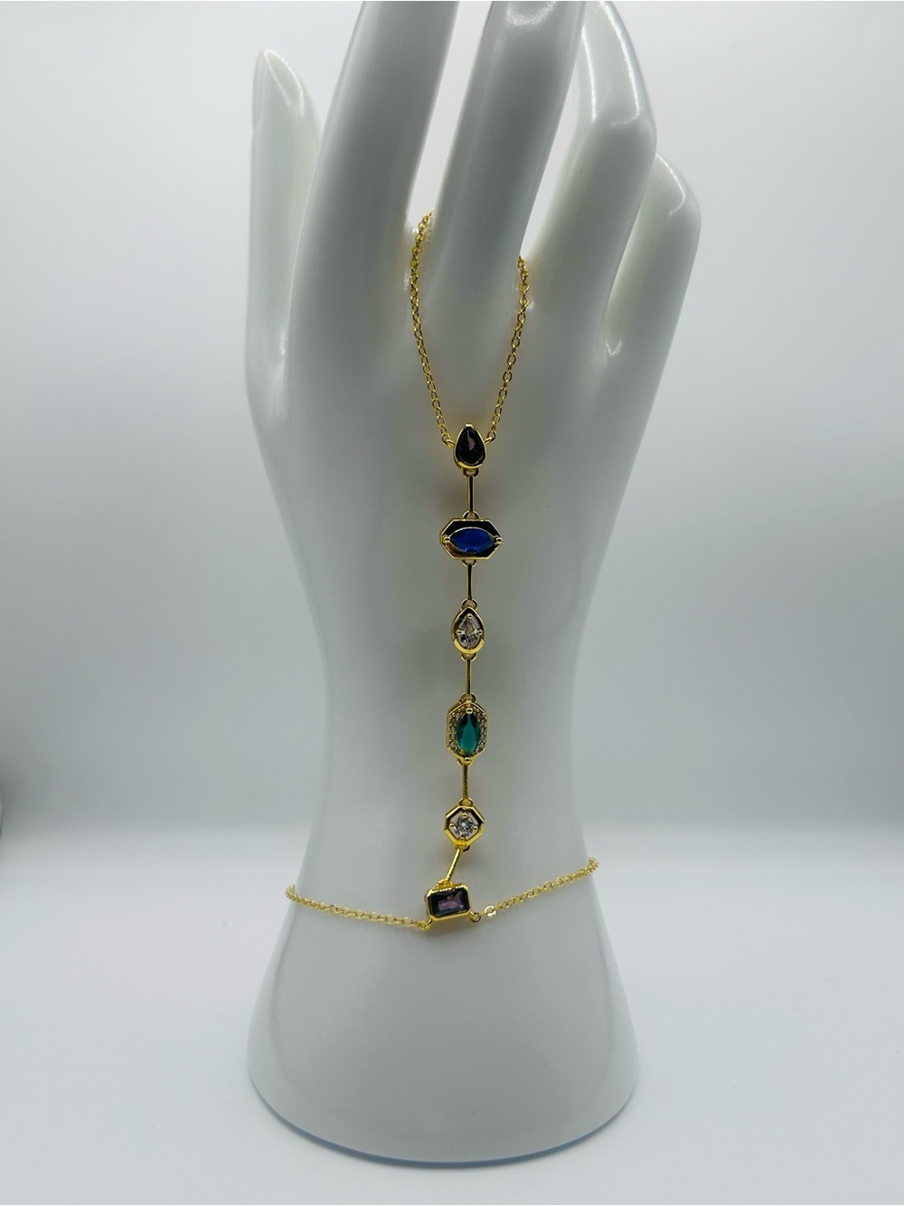 Gold Multi-Stone Drop Bracelet with Blue, Green, Purple Accents